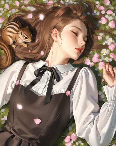  (best quality), ((masterpiece)), (highres), illustration, original, extremely detailed, 1girl, lying, on back, solo, brown hair, long hair, closed eyes, parted lips, shirt, white shirt, ribbon, neck ribbon, lips, long sleeves, animal, dress, black ribbon, flower, squirrel, realistic, upper body, petals