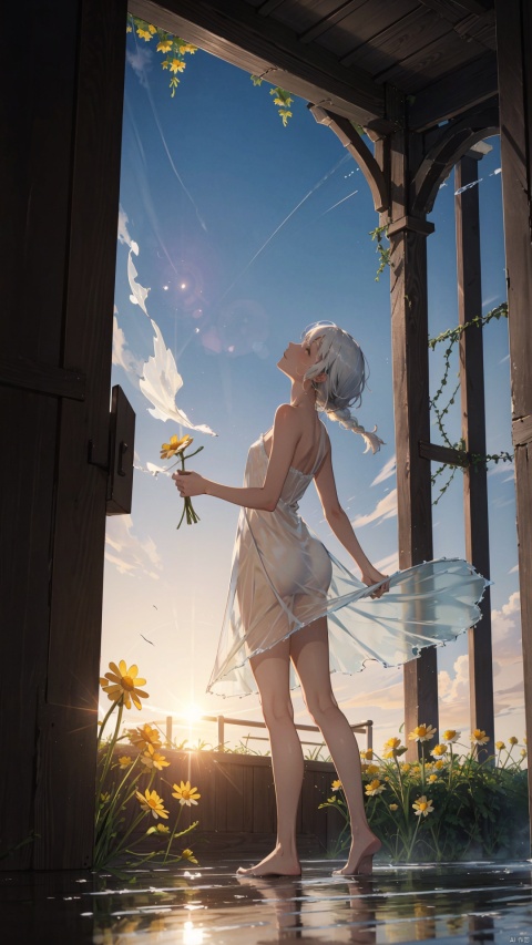  yellow theme,the setting sun,(((Chamomile))),Chamomile,cornflower,vines,forest,ruins,lens flare,hdr,Tyndall effect,damp,wet,1girl,bare shoulders,broken glass,broken wall,white hair,white dress,closed mouth,constel lation,flat color,braid,blinking,white robe,float,closed mouth,constel lation,flat color,looking up,standing,medium hair,standing,solo, liquid clothes