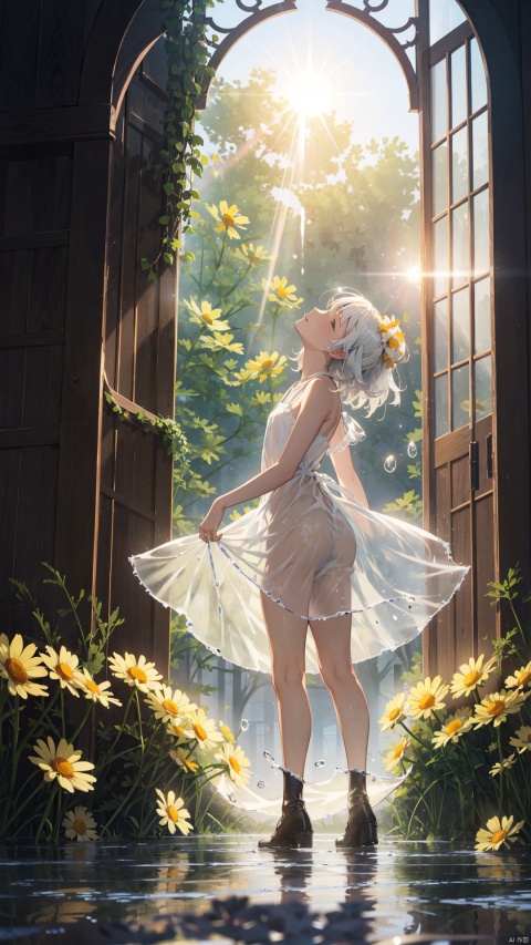  yellow theme,the setting sun,(((Chamomile))),Chamomile,cornflower,vines,forest,ruins,lens flare,hdr,Tyndall effect,damp,wet,1girl,bare shoulders,broken glass,broken wall,white hair,white dress,closed mouth,constel lation,flat color,braid,blinking,white robe,float,closed mouth,constel lation,flat color,looking up,standing,medium hair,standing,solo, liquid clothes