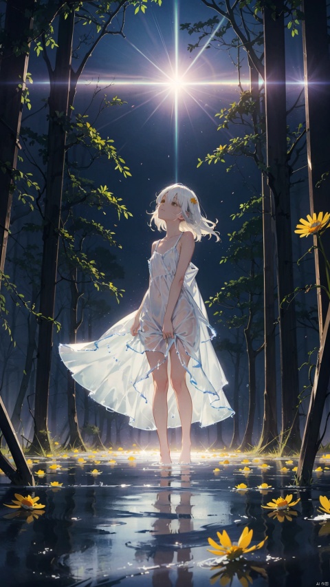  yellow theme,the setting sun,(((Chamomile))),Chamomile,cornflower,vines,forest,ruins,lens flare,hdr,Tyndall effect,damp,wet,1girl,bare shoulders,broken glass,broken wall,white hair,white dress,closed mouth,constel lation,flat color,braid,blinking,white robe,float,closed mouth,constel lation,flat color,looking up,standing,medium hair,standing,solo, liquid clothes