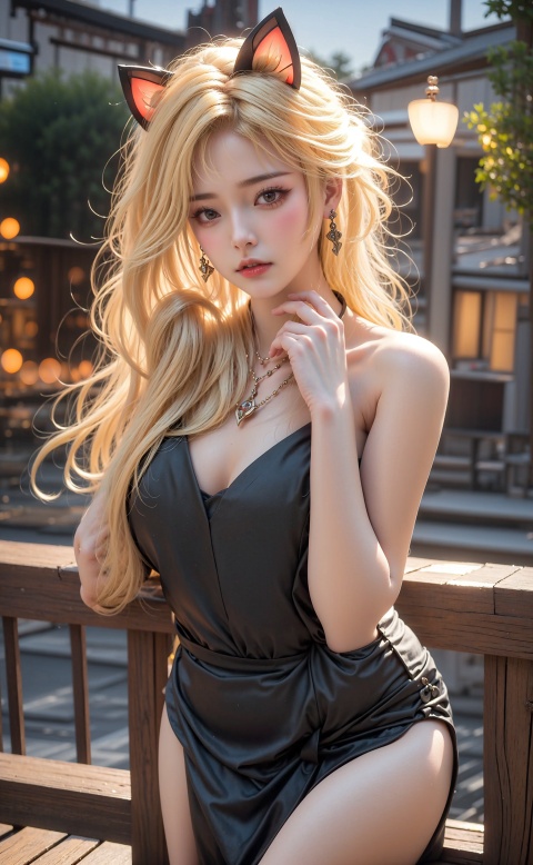  1Girl, Full and blond,Full and plump,Cat's ears (Steamed cat-ear shaped bread), earrings, necklace, jewels, cat whiskers, black gray dress, (half portrait), thighs, hands holding head, lights, night,signora (genshin impact),blonde hair