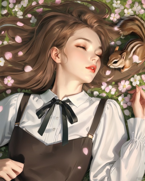  (best quality), ((masterpiece)), (highres), illustration, original, extremely detailed, 1girl, lying, on back, solo, brown hair, long hair, closed eyes, parted lips, shirt, white shirt, ribbon, neck ribbon, lips, long sleeves, animal, dress, black ribbon, flower, squirrel, realistic, upper body, petals