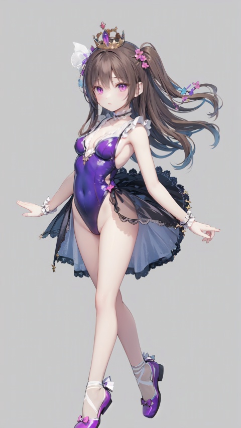  1girl, tutu, ballerina, solo, breasts, ballet slippers, brown hair, ballet, crown, athletic leotard, looking at viewer, leotard, bare shoulders, collarbone, full body, arched back, see-through, cleavage, mini crown, bangs, small breasts, dress, hair ornament, one side up, blue eyes, simple background, purple eyes, long hair