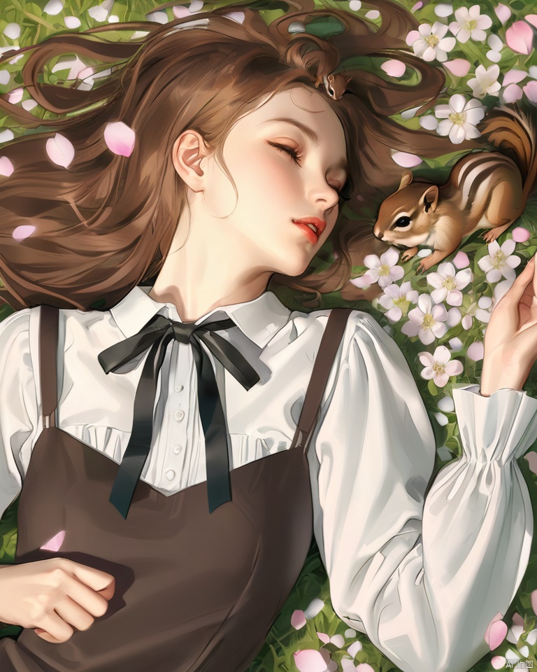  (best quality), ((masterpiece)), (highres), illustration, original, extremely detailed, 1girl, lying, on back, solo, brown hair, long hair, closed eyes, parted lips, shirt, white shirt, ribbon, neck ribbon, lips, long sleeves, animal, dress, black ribbon, flower, squirrel, realistic, upper body, petals