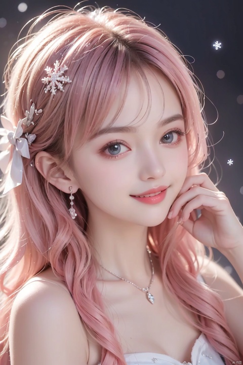  ((highest quality, master works, ultra-fine section, light and shadow tracking, ultra-high resolution)) a girl,bow smile,simple background,gradient background,snowflakes,particle light,real light and shadow,pink hair,happy,shy,blush,bright scene,colorful details,