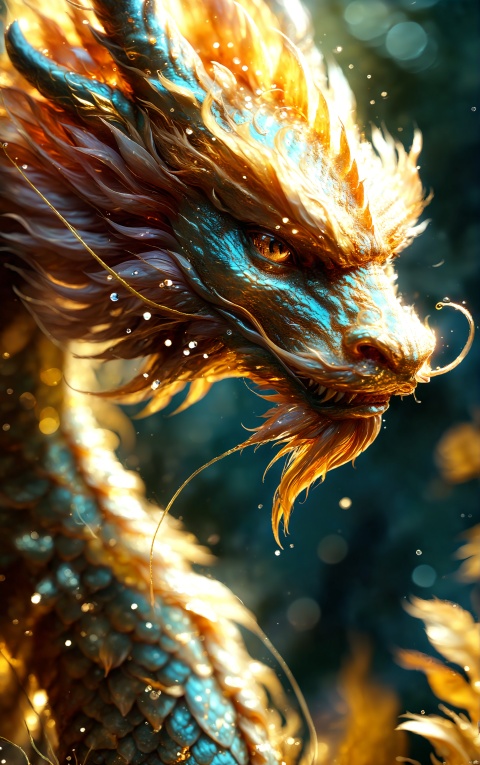  "Sword Spirit", 3D, magical realism, shallow depth of field, environmental occlusion, mighty and domineering golden dragon, frontal angle, healing breeze, golden light, Mandarin, flower, JMLong