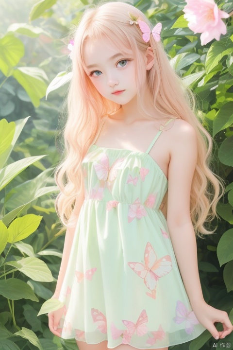  masterpiece, best_quality, 1girl, 14yo, loli, (floral), shiny one-piece swimsuit, solo, fox ear, yellow_eyes green_eyes, pink_hair blonde_hair, gentle_hazel_eyes, flowing_wavy_hair, gazing_at_viewer, Ultra-fine painting, (Glow-in-the-dark cutout dress), pastel_sundress, glossy finish, full_body, butterfly_garden, spring, beautiful and aesthetic, surrounded_by_fluttering_butterflies, sunlight_filtering_through_leaves, serene_expression,
