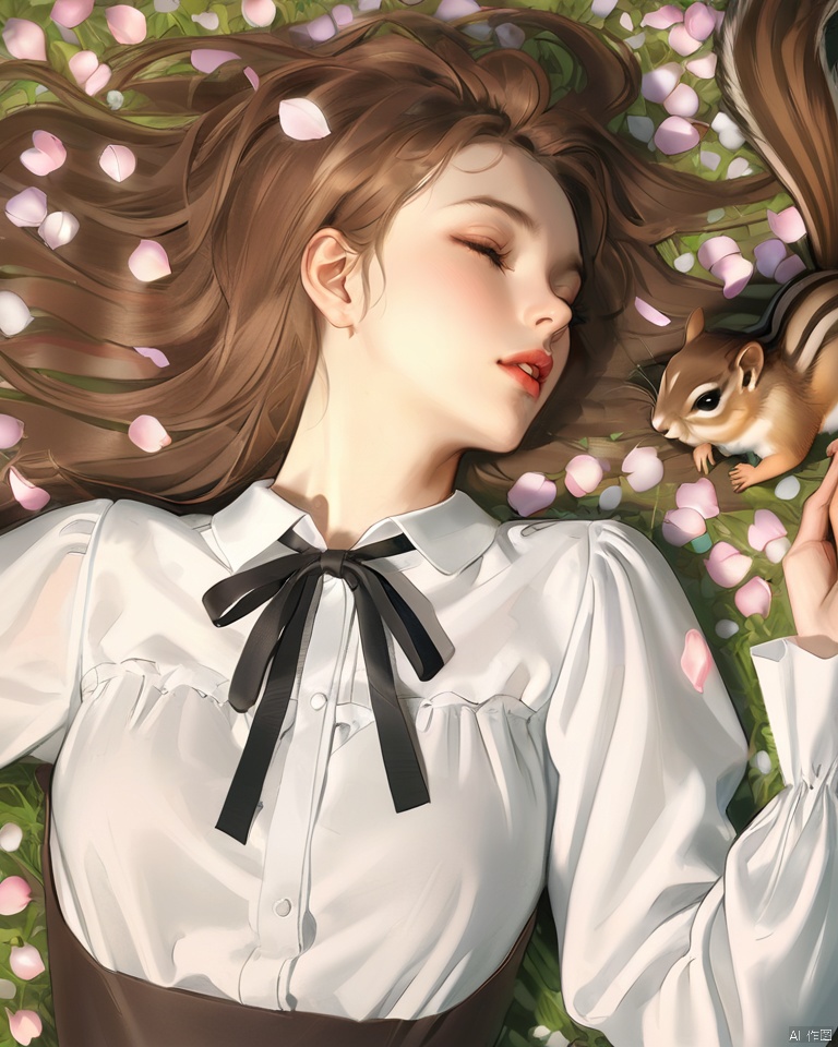  (best quality), ((masterpiece)), (highres), illustration, original, extremely detailed, 1girl, lying, on back, solo, brown hair, long hair, closed eyes, parted lips, shirt, white shirt, ribbon, neck ribbon, lips, long sleeves, animal, dress, black ribbon, flower, squirrel, realistic, upper body, petals