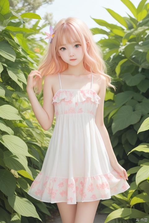  masterpiece, best_quality, 1girl, 14yo, loli, (floral), shiny one-piece swimsuit, solo, fox ear, yellow_eyes green_eyes, pink_hair blonde_hair, gentle_hazel_eyes, flowing_wavy_hair, gazing_at_viewer, Ultra-fine painting, (Glow-in-the-dark cutout dress), pastel_sundress, glossy finish, full_body, butterfly_garden, spring, beautiful and aesthetic, surrounded_by_fluttering_butterflies, sunlight_filtering_through_leaves, serene_expression,