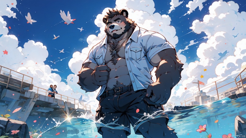  (masterpiece:1.2), best quality,PIXIV,official art,(ray tracing,cinematic lighting),cloudy_sky,(1_male:1.3), solo, anthro, (muscle), (Grey fur:1.4), (muscular bear), (bear tail), (beard:1.2), midjourney, thick eyebrow,flower sea, under the water, petal on the water, full_body, crotch_bulge, open shirt, cargo shorts ,wet clothes