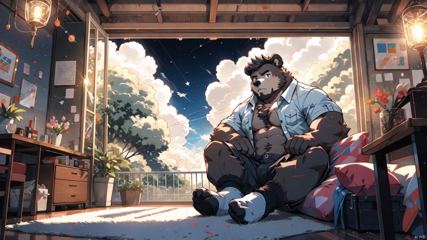  (masterpiece:1.2), best quality,PIXIV,official art,(ray tracing,cinematic lighting),cloudy_sky,(1_male:1.3), solo, anthro, (muscle), (Grey fur:1.4), (muscular bear), (bear tail), (beard:1.2), midjourney, thick eyebrow, cyberpunk, future , city , building , french window, full_body, crotch_bulge, open shirt, cargo shorts, socks, indoor , fur carpet, living room , sitting down,cushion