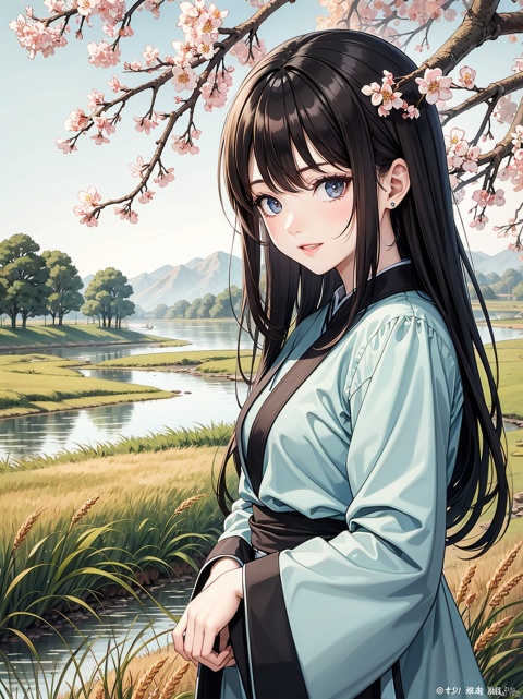 A five year old Chinese girl wearing a light blue Hanfu,capture a serene early spring scene. wheat field with fresh green buds line the shore. above, a pair of swallows fly among young willow branches. the atmosphere is calm and expectant, signaling the awakening of nature, with a flowering branch in the foreground, Illustrated with a romantic river view, soft colors, high resolution, high details, delicate brushstrokes, natural lighting, peaceful atmosphere, ancient China, with a background of green trees, drizzle, high-definition details, depth of field effect, ink painting, texture frosting, diffuse gradient, romantic ancient style, excellent light and shadow, color curves, ananmo, (\shen ming shao nv\)