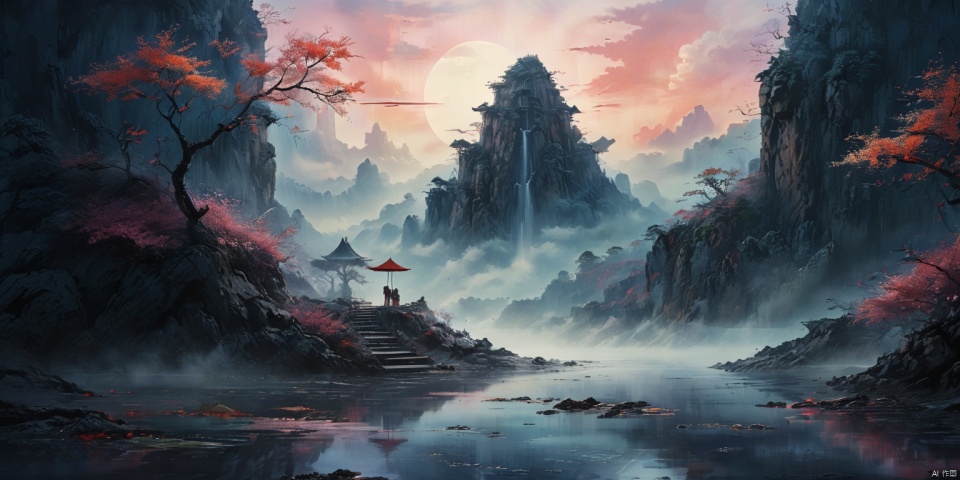  yiji,Landscape structure with lightweight materials, (surreal:1.2) texture and color effects, (dusk:1.2), high quality, artistic sense, masterpiece, best quality, Illustration