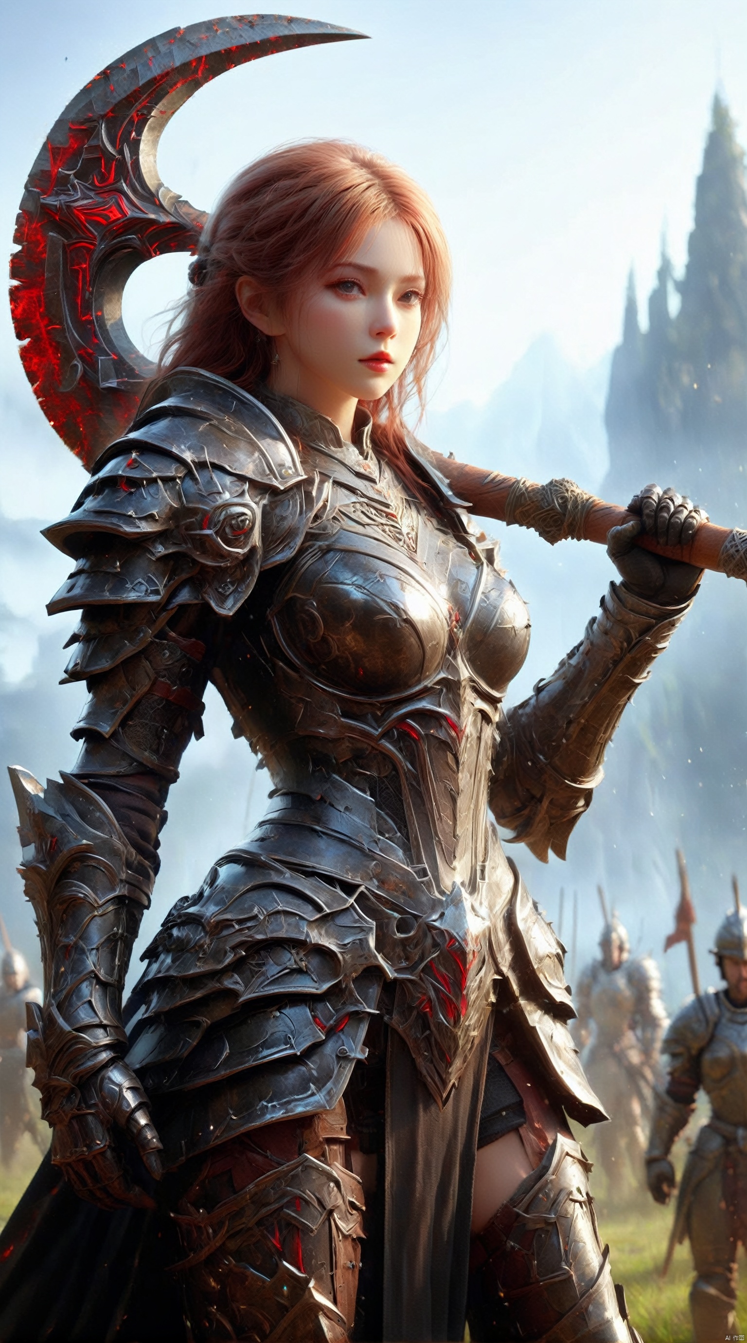  The female soldier wore a suit of fine white armor and looked imposing. The texture of the armor was hard and smooth, it seemed to be made of an unknown metal, and it radiated a faint glow. The e breastplate part of the armor is carved with an intricate pattern that reveals mysterious and ancient beliefs.
The female warrior's arms are covered with long arms, and the shape of the arms echoes the armor, which adds a sense of beauty and provides a certain protection. In her hand she clutched a huge tomahawk, its body deep black and exuding a strong metallic texture. The surface of the axe is carved with complex lines, which seem to contain mysterious powers, reminiscent of ancient legends.
The handle of the tomahawk is partially composed of a stout wooden pole covered with a rough texture, giving it a thick and tough feel. At the end of the handle is a sharp iron spear, which can be used as an additional weapon. The shape of the whole tomahawk is very rough and powerful, and it seems to have endless strength and endless courage.
1 girl,full body,
render,technology, (best quality) (masterpiece), (highly detailed), 4K,Official art, unit 8 k wallpaper, ultra detailed, masterpiece, best quality, extremely detailed,atmospheric,highdetail,exquisitefacialfeatures,futuristic,sciencefiction,CG,