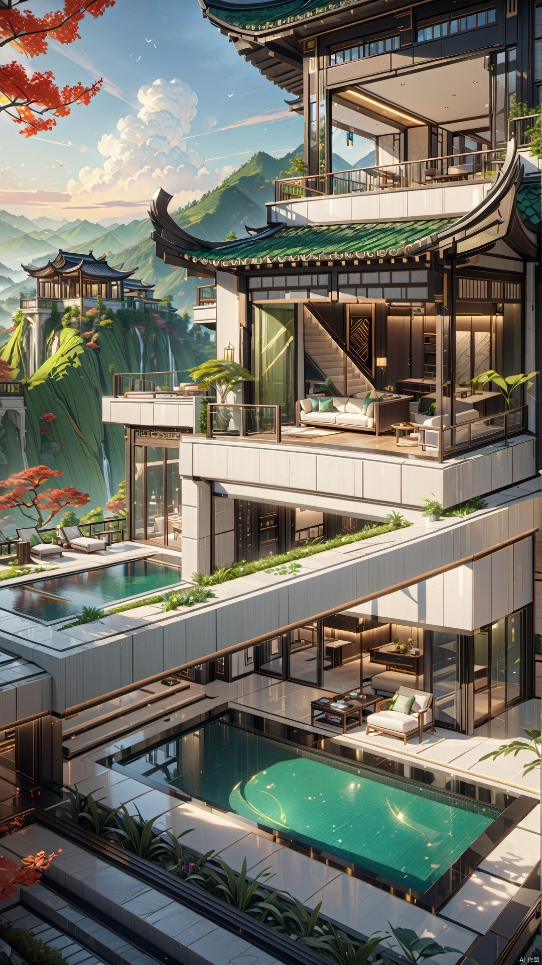  Single Villa, green mountains, creative design, concept space,
render,technology, (best quality) (masterpiece), (highly in detailed), 4K,Official art, unit 8 k wallpaper, ultra detailed, masterpiece, best quality, extremely detailed,CG,low saturation, jianzhu, Villa, QMSJ