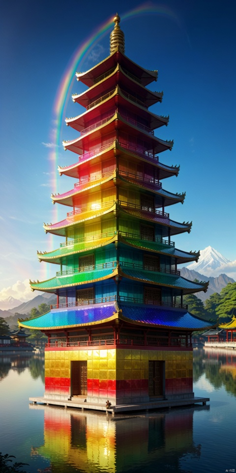 an ancient-styled Seven-Colored Glazed Pagoda,Its surface is adorned with a glistening glaze that shimmers in the light,reflecting a rainbow of colors,pagoda,shiny,transparent,(colorful:1.2),
render,technology, (best quality) (masterpiece), (highly in detailed), 4K,Official art,ultra detailed, masterpiece, best quality, extremely detailed,CG,low saturation,diorama,mir