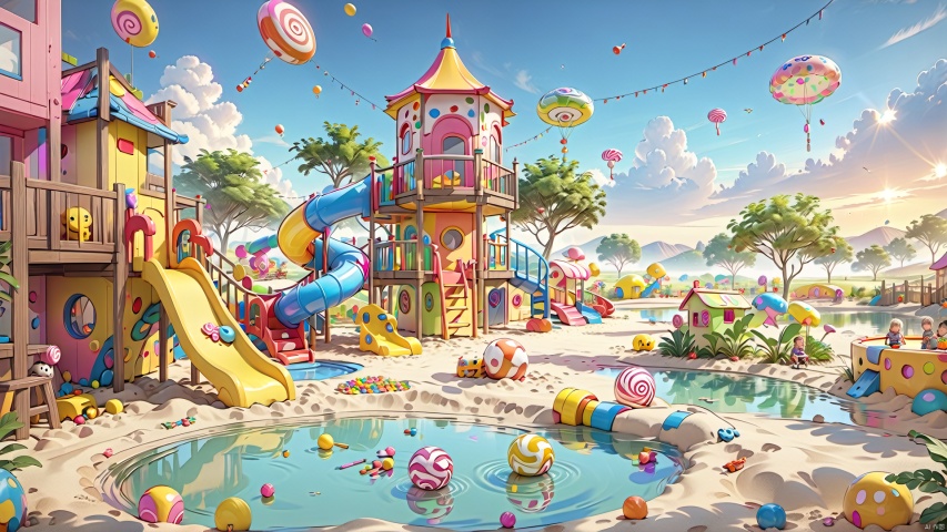  Children's play facilities, landscape vegetation, sand pond,Conceptual space,
render,technology, (best quality) (masterpiece), (highly in detailed), 4K,Official art, unit 8 k wallpaper, ultra detailed, masterpiece, best quality, extremely detailed,CG,low saturation, candy-coated, ETWS