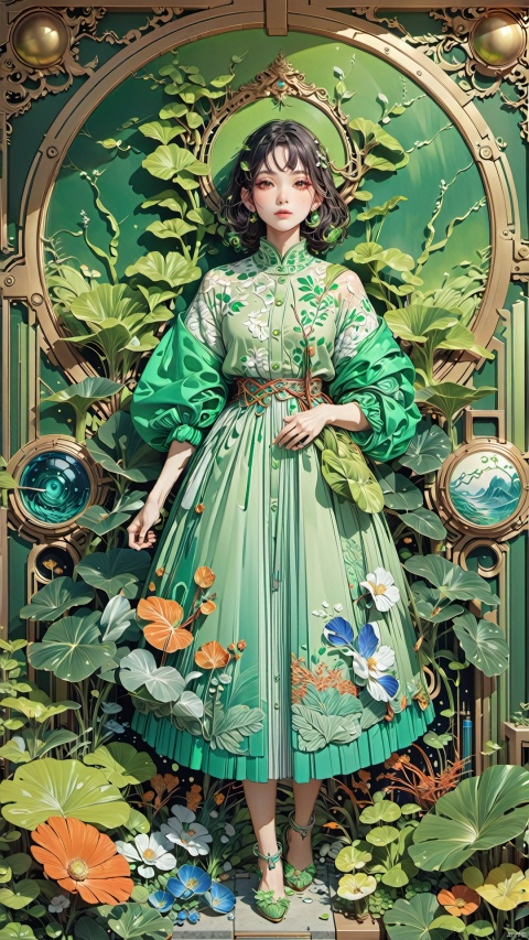  1 girl,The Clothes of Nature,Vitality and regeneration,Verdant,
render,technology, (best quality) (masterpiece), (highly in detailed), 4K,Official art, unit 8 k wallpaper, ultra detailed, masterpiece, best quality, extremely detailed,CG,low saturation, as style, line art, intricate detail borders, waterM