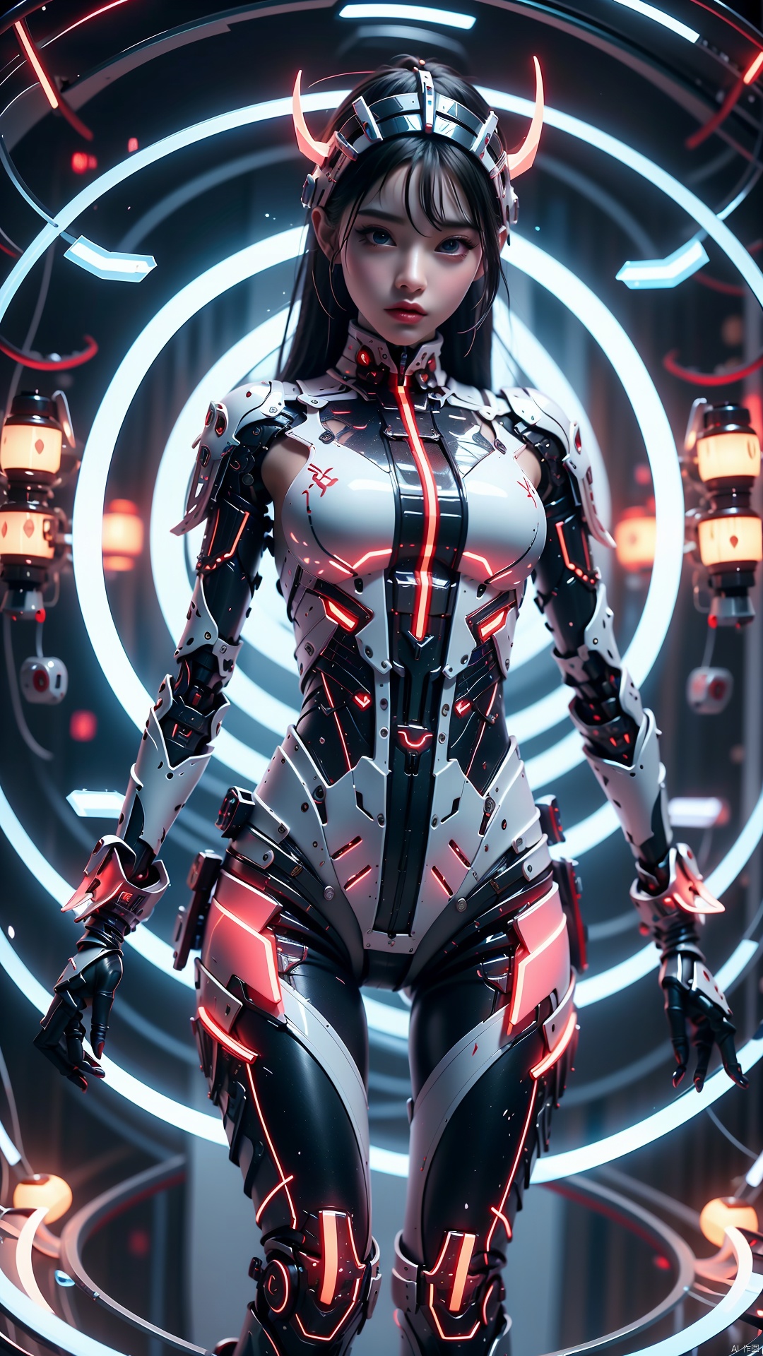  In an unknown future world, a shocking scene unfolds before my eyes. A woman in a red mecha, like a god of war. Her presence is both a symbol of strength and an embodiment of hope. The appearance of this female mecha is unique, full of technology and futuristic. The whole mecha showed a deep red luster, as if it were a burning flame, both warm and mysterious. The Mecha is sleek and compact, and every detail has been carefully designed to meet the needs of combat, while also taking comfort and flexibility into account. The mecha's head design is simple and powerful, and the red armor on the top of the head is like a crown of honor, which not only shows the woman's perseverance and courage, but also highlights her unique charm. Her eyes, hidden behind a red mask, were firm and sharp, as if they could see through all the false, straight to the essence of things. The chest and back of the mech are heavily armored, providing good protection for the body. The waist line is particularly slender and slender, reminiscent of the soft beauty of the willows. The shoulders are equipped with huge red robotic arms, and the lines on the robotic arms are smooth, like flowing flames, giving people a strong visual impact.
1 gril,masterpiece,full body,
render,technology,4K,Official art, unit 8 k wallpaper, ultra detailed, beautiful and aesthetic, masterpiece, best quality, extremely detailed, science fiction,CG, Ink scattering_Chinese style, robot girl