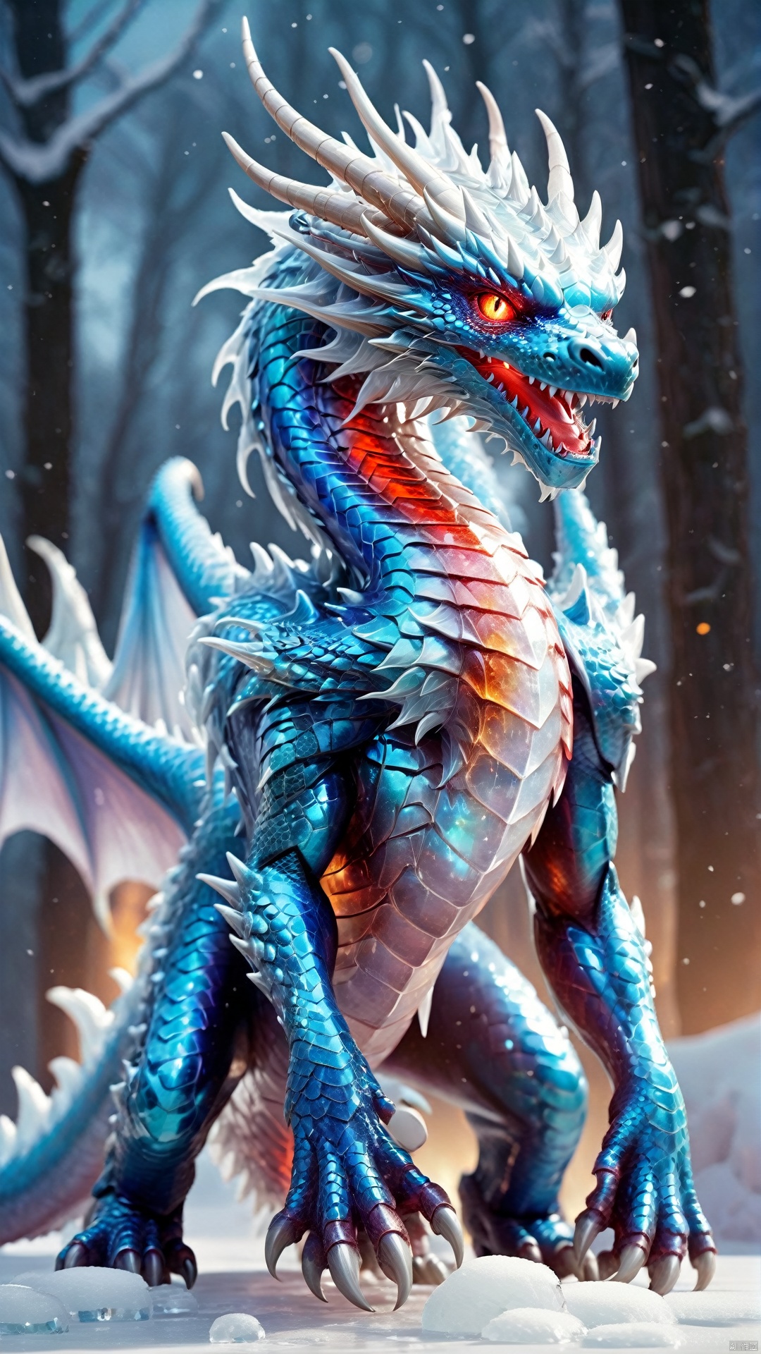  A blue ice dragon, its body covered with thick ice scales, each shining with a cold ice light. The ice dragon's eyes are deep red, as if they can see through everything, revealing its mystery and majesty. Its head was stretched forward and its mouth showed a row of sharp teeth, as if it were demonstrating against the enemy.
The body of the ice dragon is very large, and its wings are wide and powerful, which allows it to fly in the sky. The wings are covered with ice crystals, each beautiful as a work of art. The tail of the ice dragon is long and stout, with a large ice thorn at the end, as if it were its combat weapon. The whole body is covered with ice, giving a cold and mysterious feeling.
The ice dragon's feet are very powerful, with sharp claws on each toe, allowing it to easily climb mountains and glaciers. Its back and belly are protected by thick ice scales, which are not only hard but also very smooth, allowing it to glide quickly across the ice.
In the black background, the ice dragon appears more mysterious and dignified. It seems to be a guardian from the ice and snow world, guarding this land with its own strength and wisdom. Its existence makes people feel a strong sense of shock and awe.
1 dragon,masterpiece,
render,technology, (best quality) (masterpiece), (highly detailed), game,4K,Official art, unit 8 k wallpaper, ultra detailed, beautiful and aesthetic, masterpiece, best quality, extremely detailed, dynamic angle, atmospheric, full body lens,high detail,exquisite facial features,futuristic,science fiction,CG, Oriental Dragon, wujie, mlonggwang