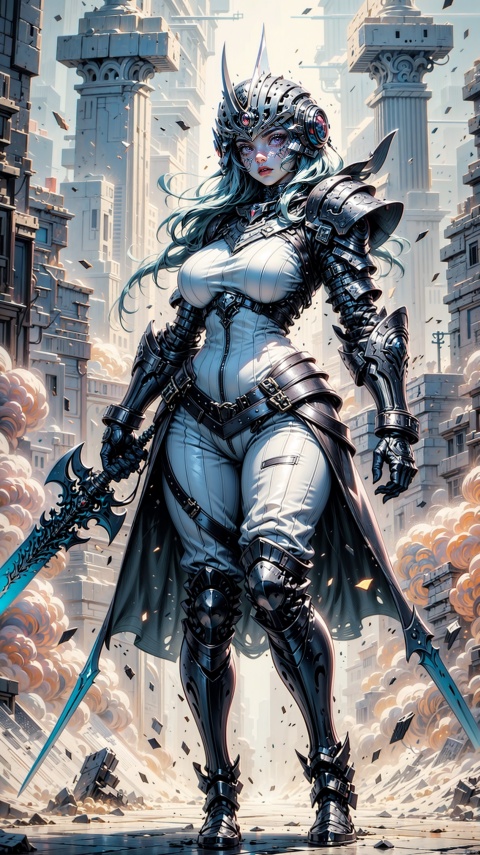  A girl in white and blue armor, in a dilapidated city, shows determination and fearless courage. She was wearing an elaborate suit of armor, a combination of white and blue that made her stand out against the gray city background. This suit of armor not only shows her nobility, but also her readiness for battle. The helmet is decorated with complex patterns, and the purple eyes are like the brightest stars in the night sky, flashing a mysterious light. Her eyes are firm and deep, as if she can see into the future, showing her persistent pursuit of victory. The girl holds an energy sword in her hand, her left hand firmly holding the hilt, her right hand gently supporting the blade, ready to strike a fatal blow at any time. The sword complements her armor, showing her great fighting power and fearless courage.
1 gril,full body,
render,technology, (best quality) (masterpiece), (highly detailed), 4K,Official art, unit 8 k wallpaper, ultra detailed, masterpiece, best quality, extremely detailed,atmospheric,highdetail,exquisitefacialfeatures,futuristic,sciencefiction,CG,low saturation,monochrome,