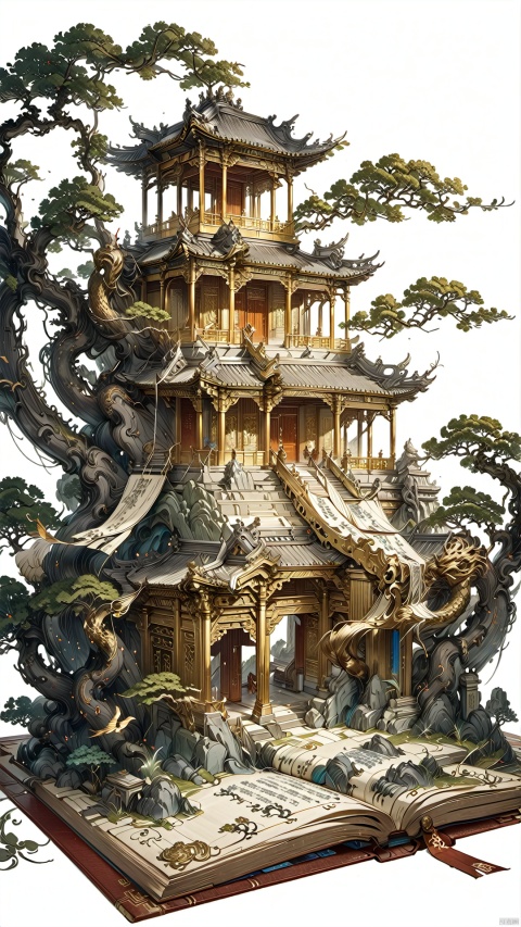  a golden Palace on the book,Chinese ancient architecture,Imperial Palace,ancient book,
render,technology, (best quality) (masterpiece), (highly in detailed), 4K,Official art, unit 8 k wallpaper, ultra detailed, masterpiece, best quality, extremely detailed,CG,low saturation, as style, line art