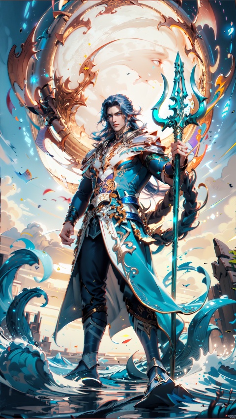  1 boy,Tang San,Doula Continent,Long and flowing hair,Sea God Trident,Determined eyes,The power of the sea God,
Holding the trident with both hands,3D,full body,
render,technology, (best quality) (masterpiece), (highly in detailed), 4K,Official art, unit 8 k wallpaper, ultra detailed, masterpiece, best quality, extremely detailed,CG,low saturation, realistic, Light particle skin, BY MOONCRYPTOWOW, Daofa Rune