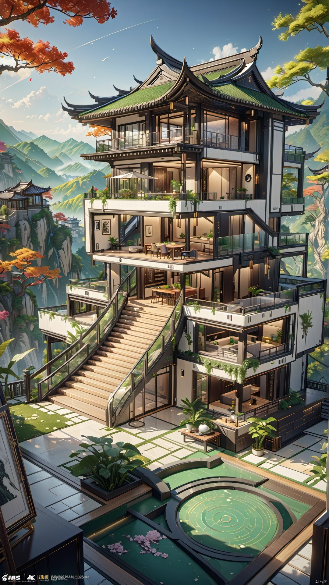 Single Villa, green mountains, creative design, concept space,
render,technology, (best quality) (masterpiece), (highly in detailed), 4K,Official art, unit 8 k wallpaper, ultra detailed, masterpiece, best quality, extremely detailed,CG,low saturation, jianzhu, Villa, QMSJ