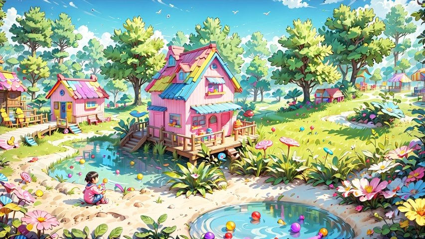 Children's play facilities, landscape vegetation, sand pond,Conceptual space,
render,technology, (best quality) (masterpiece), (highly in detailed), 4K,Official art, unit 8 k wallpaper, ultra detailed, masterpiece, best quality, extremely detailed,CG,low saturation, candy-coated