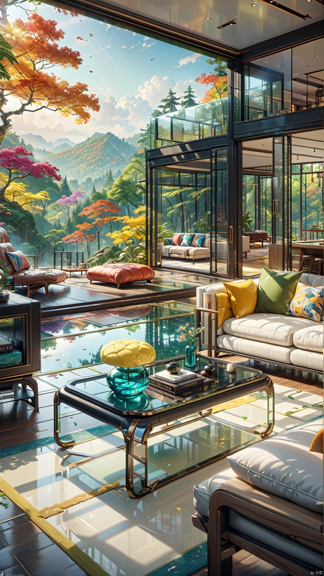 Glass room, colorful colors, forest view, depth of field filter, 
render,technology, (best quality) (masterpiece), (highly in detailed), 4K,Official art, unit 8 k wallpaper, ultra detailed, masterpiece, best quality, extremely detailed,CG,low saturation, jianzhu, Villa, QMSJ