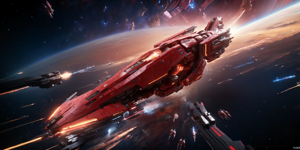  The starship races through space, its powerful engines propelling it through the infinite darkness. The starship is equipped with formidable firepower.
spaceship,Homeworld,EVE,color red,red mecha,
4K,Official art, unit 8 k wallpaper, ultra detailed, beautiful and aesthetic, masterpiece,bestquality,extremelydetailed,dynamicangle,atmospheric,highdetail,futuristic,sciencefiction,,C4D,科幻, wujie, d6-mecha, ft, Future City