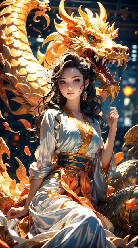 In a vast ocean, the girl met the dragon.  She has long golden hair and her eyes are as clear as the blue sea and sky.  She was wearing a white long skirt, with the hem swaying gently with the waves of the seawater.  Her smile is bright and gives people a warm feeling.  At the same time, the appearance of the dragon is also very eye-catching.  Its scales are like hard steel, emitting a cold light.  The eyes of the dragon are deep and bright, as if they can see through everything.  Its tail is long and sturdy, like a steel whip, with infinite power.
1 girl and 1 dragon,masterpiece,
render,technology, (best quality) (masterpiece), (highly detailed), 4K,Official art, unit 8 k wallpaper, ultra detailed, masterpiece, best quality, extremely detailed, dynamic angle,atmospheric,highdetail,exquisitefacialfeatures,futuristic,sciencefiction,CG,