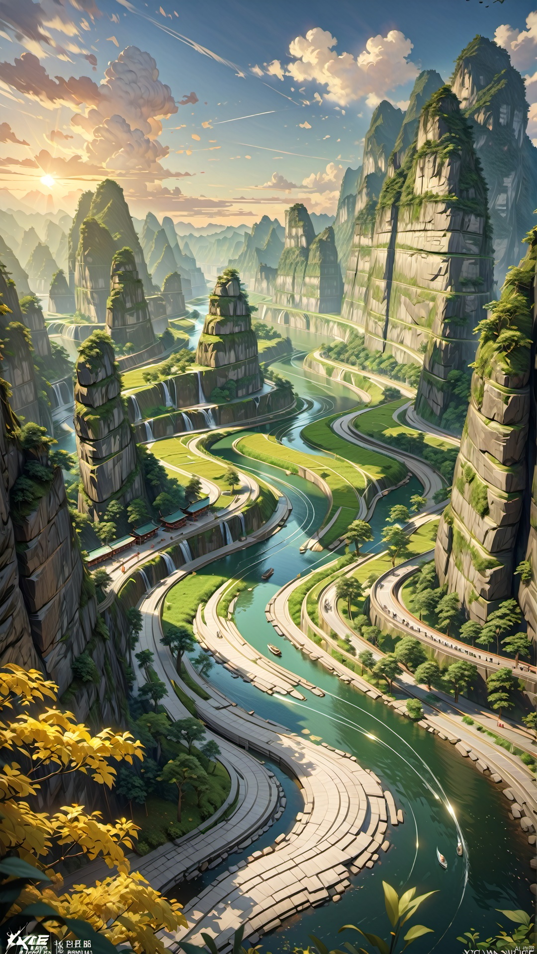  The Tianmen Mountains split and the Chu River flows through,
The clear water flows eastward and returns here.
On both banks, green mountains rise opposite each other,
A lone sailboat appears, coming from the sunlit horizon.
render,technology, (best quality) (masterpiece), (highly in detailed), 4K,Official art, unit 8 k wallpaper, ultra detailed, masterpiece, best quality, extremely detailed,CG,low saturation,