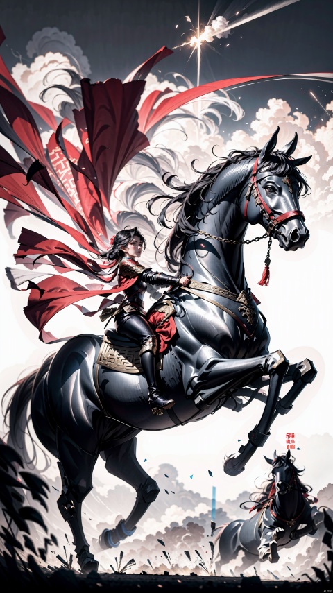  1 girl,full body,In armor, Riding a war horse,go to war,
eastern mythology,Black hair,Red armor, 4K,Official art, unit 8 k wallpaper, ultra detailed, beautiful and aesthetic, masterpiece, best quality, extremely detailed, dynamic angle, atmospheric, high detail,futuristic,science fiction,guofeng,Chinese_armor,