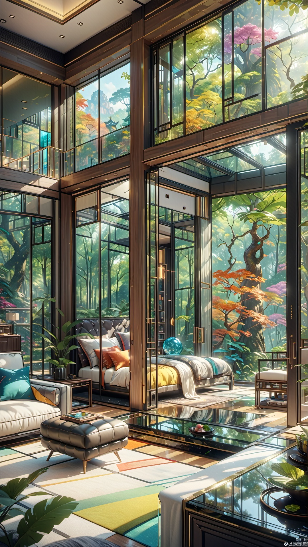 Glass room, colorful colors, forest view, depth of field filter, 
render,technology, (best quality) (masterpiece), (highly in detailed), 4K,Official art, unit 8 k wallpaper, ultra detailed, masterpiece, best quality, extremely detailed,CG,low saturation, jianzhu, Villa, QMSJ