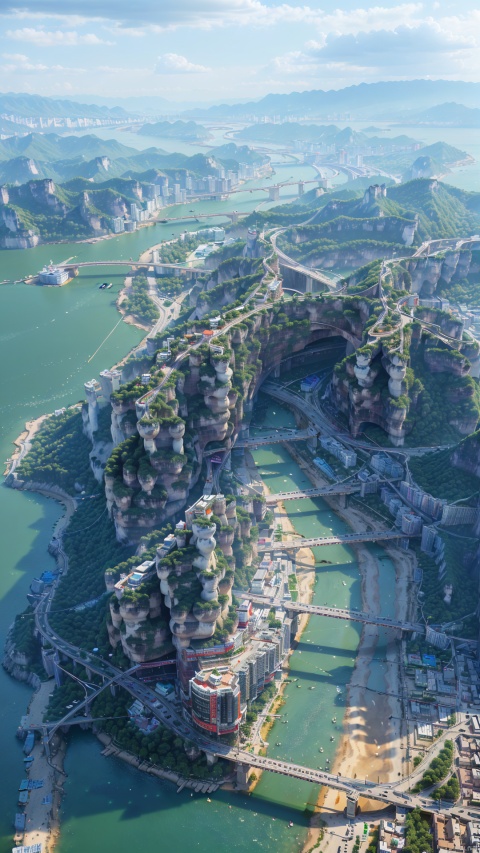  The Tianmen Mountains split and the Chu River flows through,
The clear water flows eastward and returns here.
On both banks, green mountains rise opposite each other,
A lone sailboat appears, coming from the sunlit horizon.
render,technology, (best quality) (masterpiece), (highly in detailed), 4K,Official art, unit 8 k wallpaper, ultra detailed, masterpiece, best quality, extremely detailed,CG,low saturation,
