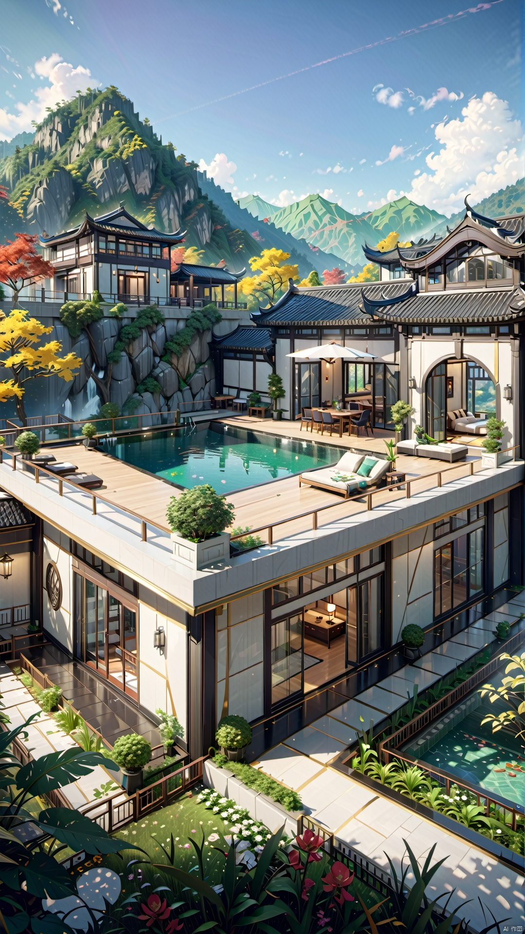  Single Villa, green mountains, creative design, concept space,
render,technology, (best quality) (masterpiece), (highly in detailed), 4K,Official art, unit 8 k wallpaper, ultra detailed, masterpiece, best quality, extremely detailed,CG,low saturation, jianzhu, Villa, QMSJ, mir