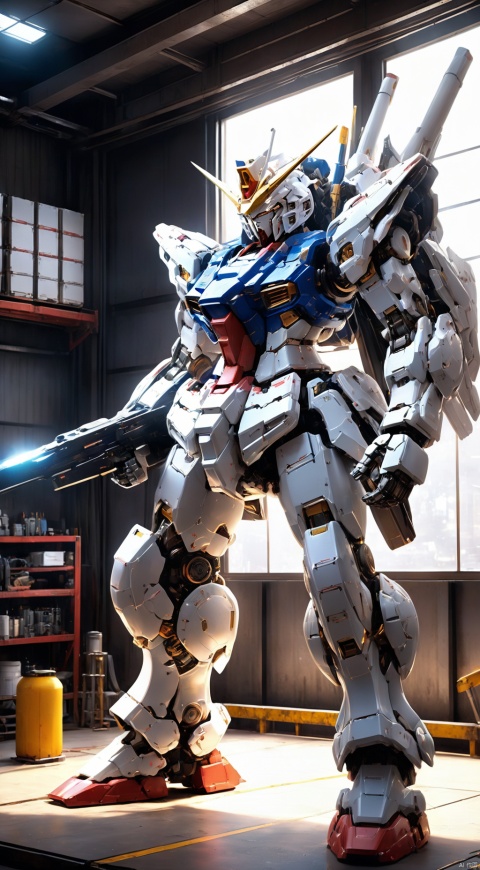  The workshop is filled with tools and equipment essential for the maintenance of Gundam, and mechanics are putting in their best efforts to ensure the mecha's readiness for battle, In the workshop, the Gundam in maintenance,
Gundam,solo, Metal mecha,standing, 
4K,Official art, unit 8 k wallpaper, ultra detailed, beautiful and aesthetic, masterpiece, best quality, extremely detailed, dynamic angle, atmospheric, high detail,futuristic,science fiction, mecha, C4D, , HUBG_Mecha_Armor, wujie,机甲