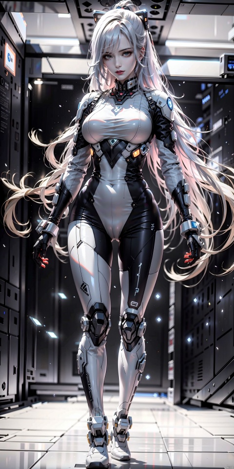  A woman stands in the gloom like an emissary from the future. She wore a well-designed robot costume, and her body exuded a cold and mysterious silver glow that contrasted with the darkness around her. This outfit not only highlights her independent personality, but also gives her an otherworldly temperament.
The lady's face was barely visible in the weak light, but her delicate features and cold expression could still be seen. Her eyes were deep and bright, as if they could see everything, and the silver pupils shone uniquely in the darkness. Her long hair, tied back, was neat and neat, complementing her robot costume.
1 gril,masterpiece,full body,standing,
render,technology,4K,Official art, unit 8 k wallpaper, ultra detailed, beautiful and aesthetic, masterpiece, best quality, extremely detailed, science fiction,CG,