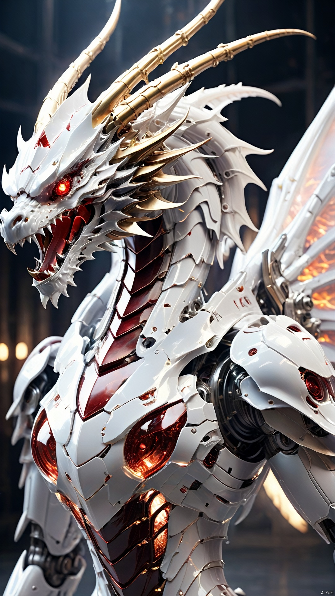  The mechanical dragon, about 70 meters tall, is covered in silver-gray armor, which is covered with fine lines that not only add beauty but also strengthen the armor. Its head is slender, with a pair of huge horns on top, which are sharp as knives and exude a strong majesty. Its eyes showed a deep red, like two hot gems, sparkle. On its neck, there are huge sheets of metal scales, each of which glows with a metallic sheen, enhancing the overall visual effect.
The wings of the mechanical dragon were up to 100 meters wide when they were spread out, and the wings were covered with steel feathers, each of which was like a precise blade, shining sharply in the sunlight. Its tail is slender and powerful, with sharp ends that form perfect symmetry with its head.
The most striking thing is the flame burning all over the mechanical dragon. These flames are not real flames, but light effects stimulated by their internal energy systems. These light effects make the mechanical dragon shine like a phoenix of fire when flying, giving it a sense of infinite power.
1 dragon,masterpiece,enormous,
render,technology, (best quality) (masterpiece), (highly detailed), 4K,Official art, unit 8 k wallpaper, ultra detailed, masterpiece, best quality, extremely detailed, dynamic angle,atmospheric,highdetail,exquisitefacialfeatures,futuristic,sciencefiction,CG, bailing_monster, wujie, d6-mecha