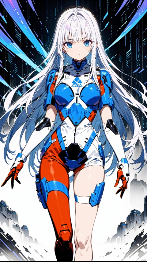  1 girl,White & Blue Battle Suit,Timeless Warrior,Metallic Texture,White long hair,
Sci-Fi Futurism,Cyberpunk Style,The Super Dimension Fortress Macross,
render,technology, (best quality) (masterpiece), (highly in detailed), 4K,Official art, unit 8 k wallpaper, ultra detailed, masterpiece, best quality, extremely detailed,CG,low saturation, as style,lineart,