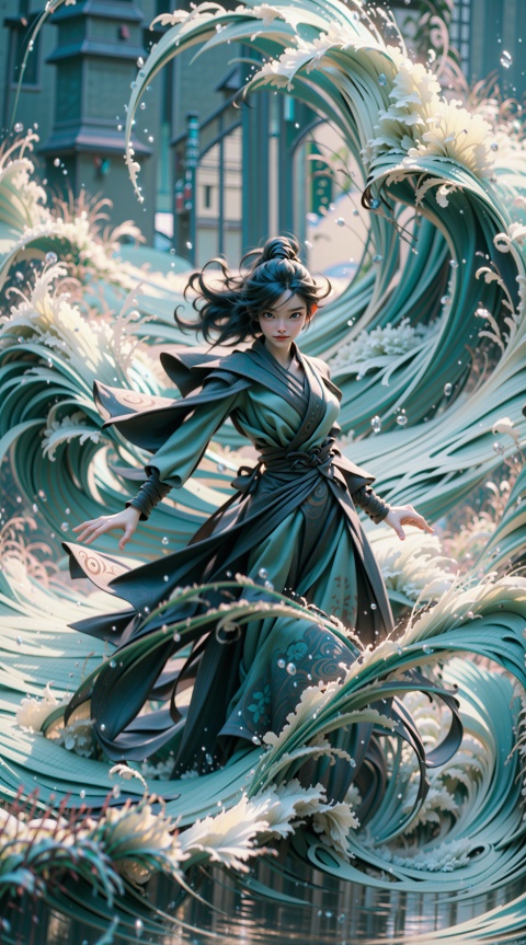  A woman dressed in blue, standing in the midst of the wind and waves, seems to be having some mysterious dialogue with the forces of nature. Her long hair is held high by the wind, like a flag, fluttering in the wind. Her arms were outstretched, as if summoning the surging waves to obey her will. She stood at the top of the wave as if she were one with it, part of the ocean. She uses waterbending to control the waves, swirling them around her body in a giant curtain of water. This curtain of water acts as a protective barrier, separating her from the outside world and allowing her to stay safe in this dangerous environment.
1 girl,full body,masterpiece,
render,technology, (best quality) (masterpiece), (highly detailed), 4K,Official art, unit 8 k wallpaper, ultra detailed, masterpiece, best quality, extremely detailed, dynamic angle,atmospheric,highdetail,exquisitefacialfeatures,futuristic,sciencefiction,CG, yushui