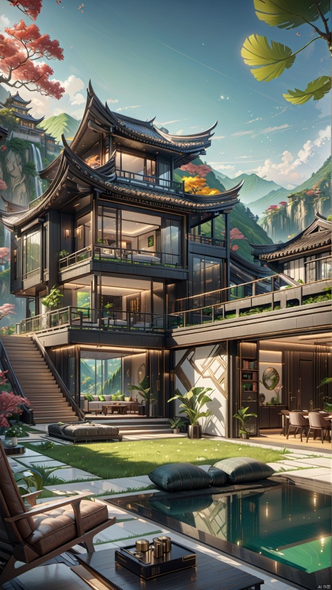  Single Villa, green mountains, creative design, concept space,
render,technology, (best quality) (masterpiece), (highly in detailed), 4K,Official art, unit 8 k wallpaper, ultra detailed, masterpiece, best quality, extremely detailed,CG,low saturation, jianzhu, Villa, QMSJ