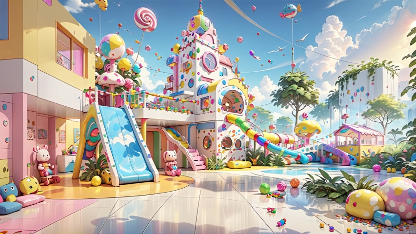  Children's play facilities, landscape vegetation,Conceptual space,
render,technology, (best quality) (masterpiece), (highly in detailed), 4K,Official art, unit 8 k wallpaper, ultra detailed, masterpiece, best quality, extremely detailed,CG,low saturation, candy-coated, ETWS