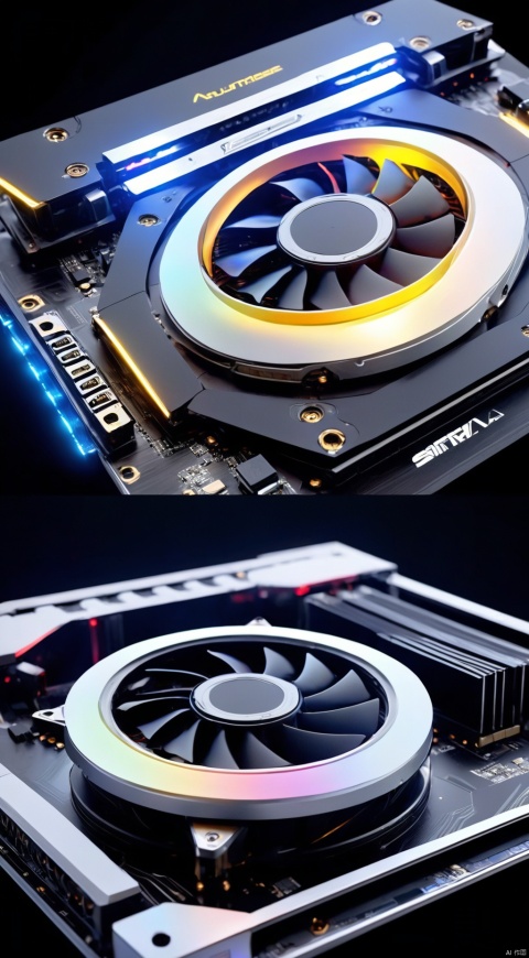The shape of this graphics card is quite different from the traditional rectangular graphics card, and the circular design not only makes it look more unique, but also may provide more possibilities for cooling and other functions.
Looking closely at the surroundings, we can see all kinds of equipment and robotic arms around the stage.    The details of these devices and robotic arms are rich and unique.    Some devices may be used to install and secure the graphics card, while the robotic arm may be used to provide necessary support and adjustments during operation.    This design undoubtedly enhances the technological and futuristic feel of the whole scene.
Graphics card,Three fan radiators,
render,technology, (best quality) (masterpiece), (highly detailed), game,4K,Official art, unit 8 k wallpaper, ultra detailed, beautiful and aesthetic, masterpiece, best quality, extremely detailed, dynamic angle, atmospheric,high detail,science fiction,CG,C4D,