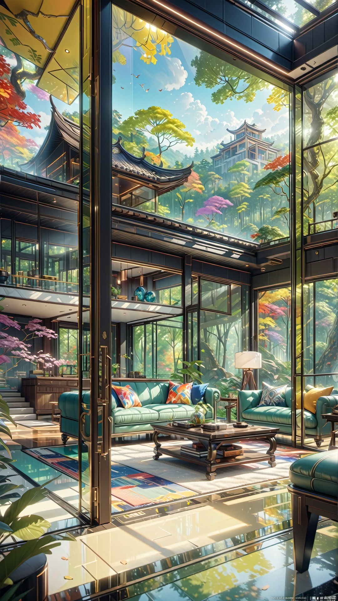  Glass room, colorful colors, forest view, depth of field filter, 
render,technology, (best quality) (masterpiece), (highly in detailed), 4K,Official art, unit 8 k wallpaper, ultra detailed, masterpiece, best quality, extremely detailed,CG,low saturation, jianzhu, Villa, QMSJ