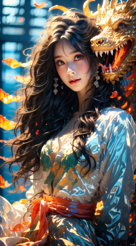 In a vast ocean, the girl met the dragon.  She has long golden hair and her eyes are as clear as the blue sea and sky.  She was wearing a white long skirt, with the hem swaying gently with the waves of the seawater.  Her smile is bright and gives people a warm feeling.  At the same time, the appearance of the dragon is also very eye-catching.  Its scales are like hard steel, emitting a cold light.  The eyes of the dragon are deep and bright, as if they can see through everything.  Its tail is long and sturdy, like a steel whip, with infinite power.
1 girl and 1 dragon,masterpiece,
render,technology, (best quality) (masterpiece), (highly detailed), 4K,Official art, unit 8 k wallpaper, ultra detailed, masterpiece, best quality, extremely detailed, dynamic angle,atmospheric,highdetail,exquisitefacialfeatures,futuristic,sciencefiction,CG, dragon