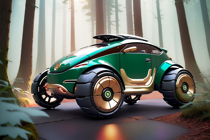 First of all, from the overall appearance, the design of this robotic beetle car is very unique, and its shape and appearance are reminiscent of beetles in nature.  This design not only has sufficient mechanical strength, but also can resist the erosion of the natural environment, ensuring the stability and durability of the vehicle in a variety of environments.
The vehicle's main color is dark green, a color that allows it to almost blend in among the trees in the mountains, giving the illusion that it is made of natural elements.  In the details of the body, the designer cleverly incorporated some gold and silver decorations, which not only increase the visual impact of the vehicle, but also make it appear more noble and mysterious in the natural environment.
In terms of the styling of the vehicle, its front is designed to be very sharp, which not only facilitates its passage through the woods, but also enhances its visual impact.  The top of the vehicle is designed with an array of sensors and detectors, which can sense the surrounding environment and provide accurate information to the driver.
mecha,
render,technology, (best quality) (masterpiece), (highly detailed), game,4K,Official art, unit 8 k wallpaper, ultra detailed, beautiful and aesthetic, masterpiece, best quality, extremely detailed, dynamic angle, atmospheric, full body lens,high detail,exquisite facial features,futuristic,science fiction,CG, scenc, Future City