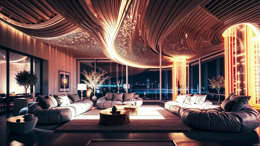  Large floor, living room, interior lighting,Curved log structure background,
microworld,Interior, Home design, Conceptual space, Surrealism, future technology,At night,
render,technology, (best quality) (masterpiece), (highly in detailed), 4K,Official art, unit 8 k wallpaper, ultra detailed, masterpiece, best quality, extremely detailed,CG,low saturation,monochrome, Installation art, glow, Light master