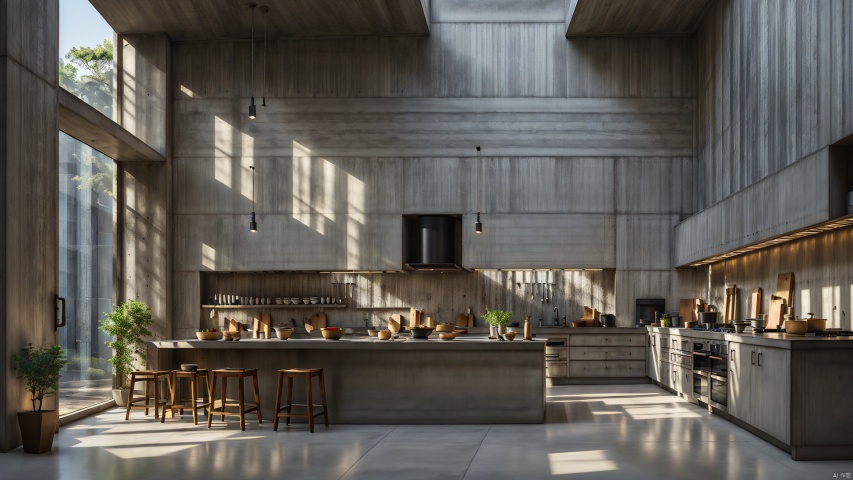  Open kitchen,Concrete Minimalist Style
,creative design, concept space,at night,
render,technology, (best quality) (masterpiece), (highly in detailed), 4K,Official art, unit 8 k wallpaper, ultra detailed, masterpiece, best quality, extremely detailed,CG,low saturation, Light master, pz